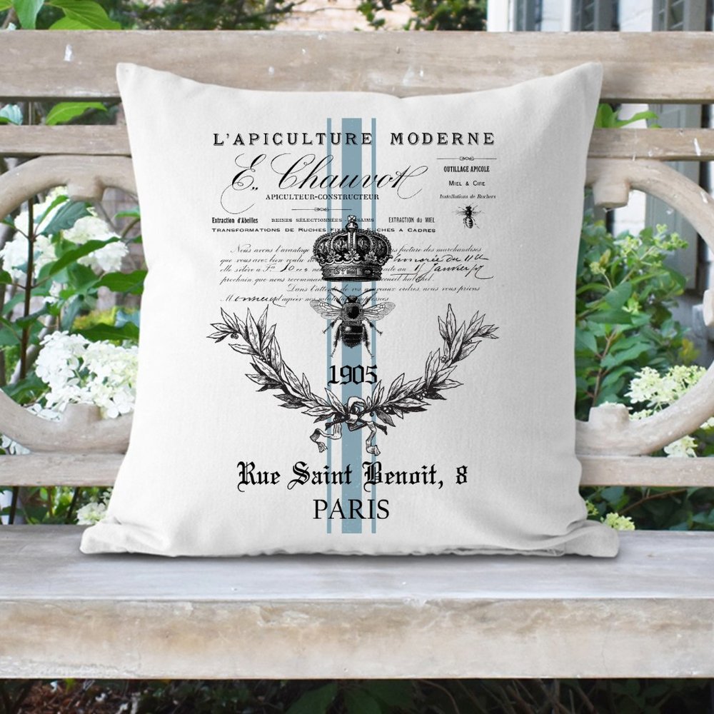 French Country Throw Pillow Cover, King Bee, Blue